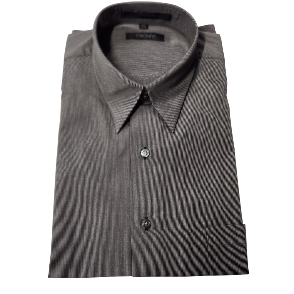 DKNY Men's L 16 34/35 Gray-Bkack Solid Dress Button Cotton Long Sleeve Shirt